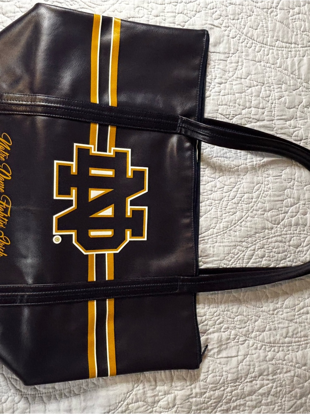 Navy and Gold Notre Dame Faux Leather Tote Bag